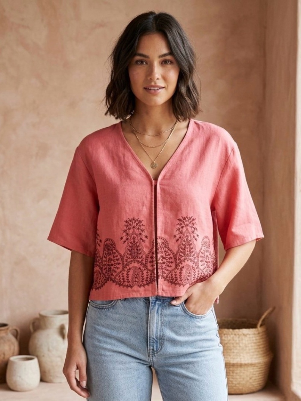 IVY Coral Pink 100% Linen Cropped Top Sz S Embroidered Hem Peasant Boho Blouse